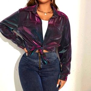 Long sleeve duo color button top